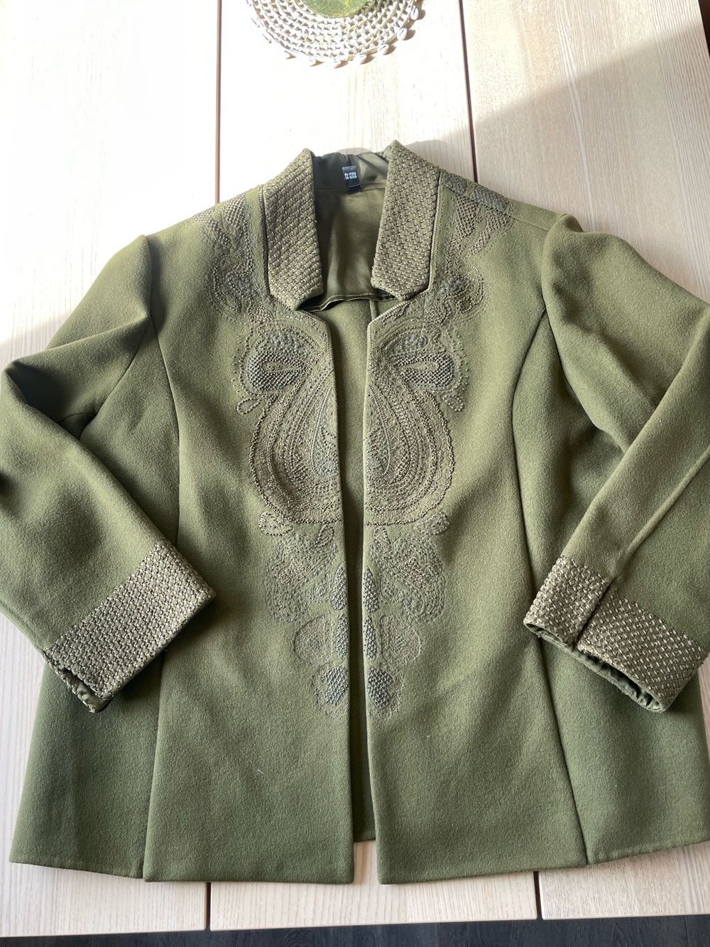 Vintage Linda Allard Ellen Tracy 100% Wool Olive Green Embroidered Jacket Sz 18